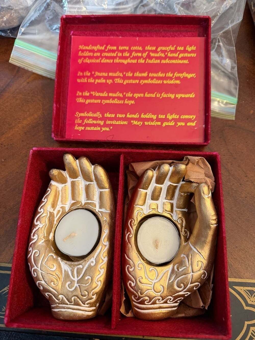 Mudra Gold Terra Cotta Hand Tea Light Candle Holders Set of 2